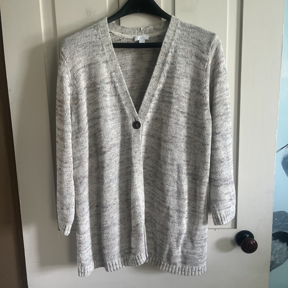 J. Jill Speckled Cotton Linen Cardigan 3/4 Sleeve Cozy Minimalist Neutral Large